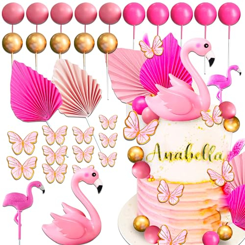 JeVenis 30 PCS Rosa Flamingo Kuchen Topper Luau Kuchen Dekorationen Hawaii Tortendeko Strand Kuchen Topper Dekorationen für Geburtstag Baby Dusche Braut Dusche Hochzeit Party