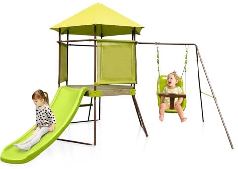 COSTWAY Parco Giochi 4 in 1 Bambini da Esterno, Giochi da Giardino in Legno 225 x 203 x 168 cm,Altalena Regolabile in Altezza e Scivolo Verde, Casetta da Gioco per Bambini con Corda da Arrampicata