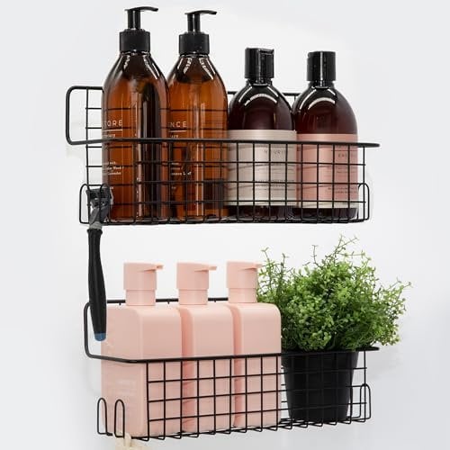 Kempt 2-Piece Kitchen Cabinet Storage and Shower Caddy Set – Black Stainless Steel, Adhesive No-Drill Rust-Proof Wall Organisers for Toiletries, Small Items, Bathroom, Cupboard, Fridge