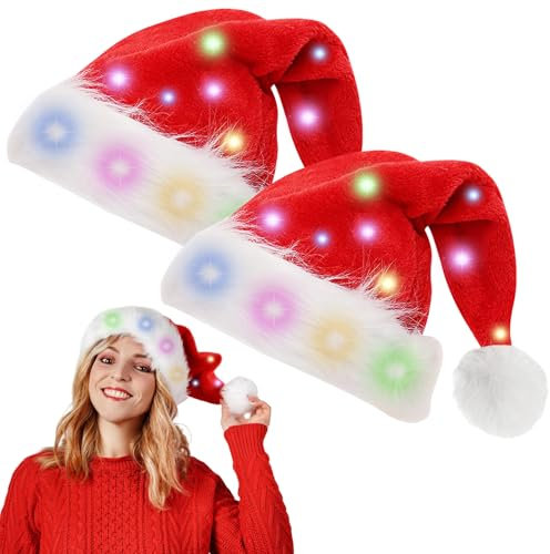 BORDEAG Beleuchtete Weihnachtsmütze, 2 Stück Nikolausmütze mit Leuchtendem, LED Weihnachtsmütze für Weihnachten, Weihnachtskostüm-Requisiten, Urlaubspartyzubehör, Rot