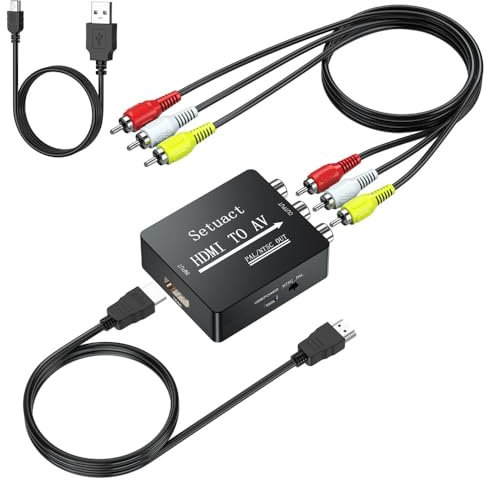 Setuact HDMI to AV Converter, HDMI to RCA Converter, Supports PAL/NTSC for Apple TV, Roku, Fire Stick, Blu-ray, DVD Player, Old TV, Projector (with RCA and HDMI Male Cables)