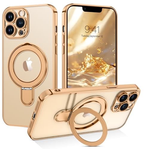 BENTOBEN Magnetic Case for iPhone 13 Pro Max [Compatible with Magsafe], Invisible Ring Stand Clear Non-yellowing Plating Edge Military Grade Protection Shockproof Case for iPhone 13 Pro Max, Gold