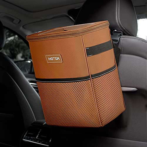 HOTOR Car Bin, Leak-Proof, Foldable, Waterproof, Multipurpose Rubbish Bin with Lid, Adjustable Straps, Multiple Pockets, Brown