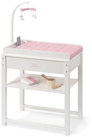 ELLA & PIET® Puppenwickeltisch Splashy mit Badewanne und Mobile aus Holz (Weiß-Rosa)