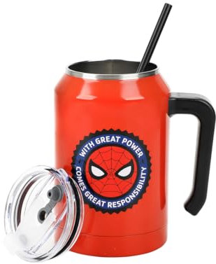 Bioworld Marvel Spider-Man Great Power Great Responsibility - Vaso de acero inoxidable de doble pared con asa (887 ml), color rojo