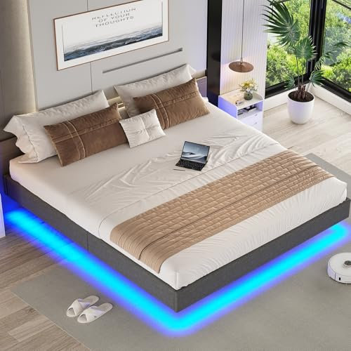 Brinlawb Cadre de Lit 180x200 avec sommier à Lattes, Hauteur 26 cm, Lit Double 180x200 cm avec des Lumières LED lit 2 Place avec Structure en métal et Lattes en Bois Massif, Revêtement Tissu Gris