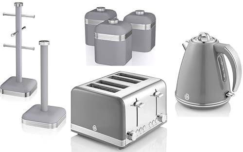 Swan Retro Grey 1.5L 3KW Jug Kettle, 4 Slice Toaster, Tea, Coffee & Sugar Canisters, Mug Tree & Towel Pole. Matching Retro Design Kitchen Set of 7 in Grey