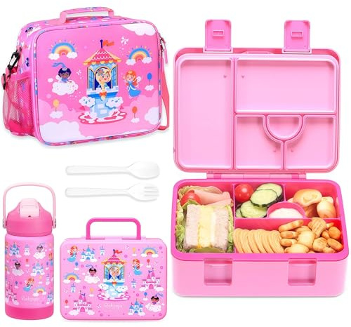 rockpapa 5 Compartment Bento Lunch Box for Kids with Uensils & Insulated Water Bottle & Lunch Bag with Strap, BPA-Free Lunch box Containers Set for School Boys Girls Ages 3+ (Pink Fairies)