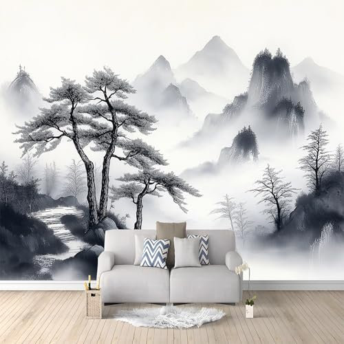 Murales 3D Pintura Con Tinta Montañas Pinos 250 x 175 cm Fotomurales Papel Pintado no Tejido, Papel Tapiz Fotográfico, Mural de Decoración de Pared para Salon, Dormitorio, Oficina