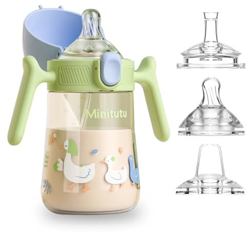Qshare 3 in 1 Sippy Cup for Baby, Toddler Drinks Water Bottles Trainer Cup with Handles for Babies 6 12 Months(One Cup with 3 Nipples) (Green)