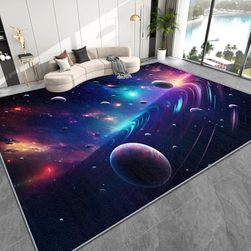AevuCub Weltraum Deko, Planeten Galaxy Teppich 80x150 Kurzflor, Kleiner Teppich Wohnzimmer Universum Planet, Weich rutschfest Waschbare Teppiche, Bettvorleger Schlafzimmer Kinderzimmer