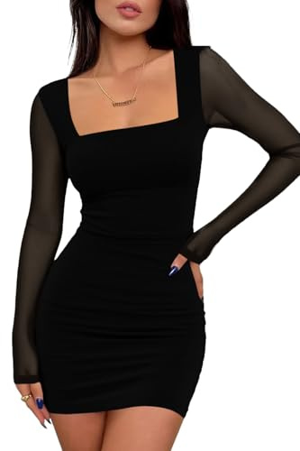 Cicy Bell Abito da donna, con scollo quadrato, a maniche lunghe, da cocktail, slim fit, corto