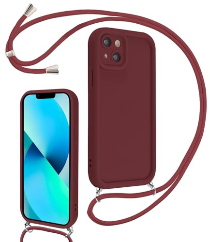 Coalbooliy Coque pour iPhone 13 6,1 avec Cordon de Collier Réglable, Etui Protection de la Caméra Silicone Souple TPU Antichoc Housse avec Corde Lanyard Cover pour Femmes Filles, Rouge