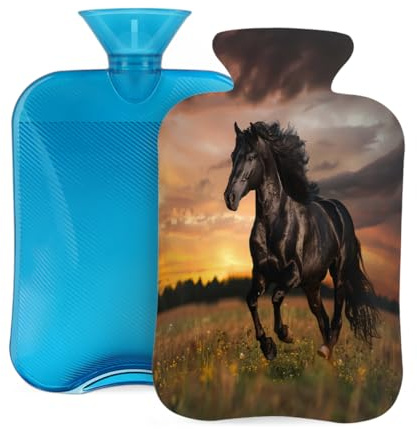 Mexpekil Wärmflasche mit weichem Flanellbezug, 2 l, großer Wärmbeutel zur Schmerzlinderung, warme Hände, Füße und Körper, ideales Geschenk für Erwachsene und Kinder (schwarzes Pferd)