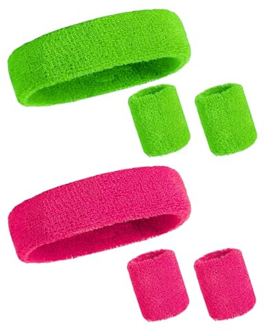 YIPFEN Party Fashion 6 pezzi accessori anni '80 fluo fascia e polsini fluorescenti verde e rosa fucsia per look dinamico e colorato
