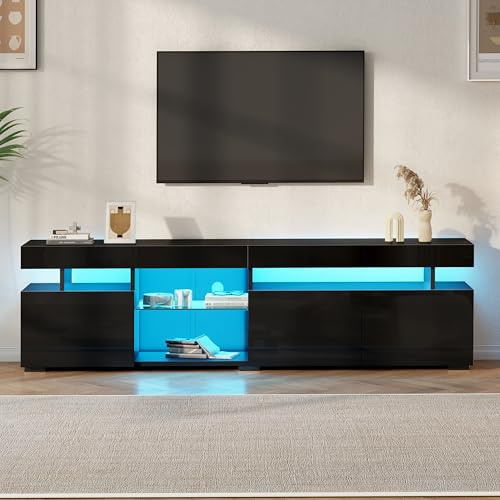 Yihomfy Meuble TV LED Plusieurs Couleurs, Meuble TV Noir Laqué avec 3 Portes, Support TV Jusqu’à 80 Pouces, Meuble Tele Adapté Aux Salons, 180x35x45cm