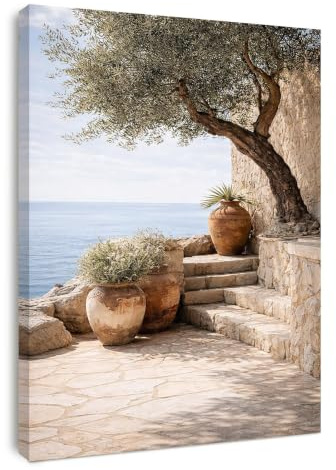 BOSKMS Mediterranean Garden with Olive Tree and Sea View Wall Picture Canvas Print for Living Room Decoration (40 x 50 cm, No Frame)