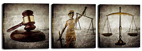 Biuteawal,Legal Wall Art Law Firm Scale Justice Hammer Bild Leinwand Drucke Justitia Lady Poster Malerei Vintage Kunstwerk für Gericht Home Office Arbeitszimmer Zimmer Dekoration fertig zum Aufhängen