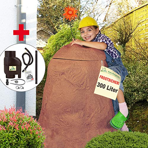 Regentonne, Regentonnen, Regenspeicher, Regenbehälter, Fels 300l braun mit Befüll- und Entnahme-Set braun FROSTSICHERES Regenfass Wassertonne mit Deckel und Wasserhahn DAS ORIGINAL! (7-RT05108)