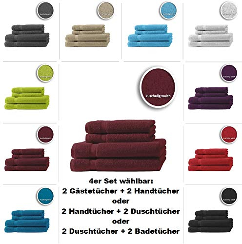 one-home 4er/6er Set Gästetücher Handtücher Duschtücher Badetücher Frottee 100% Baumwolle, Präzise Farbe:Bordeaux, Maße:2 Handtücher + 2 Duschtücher