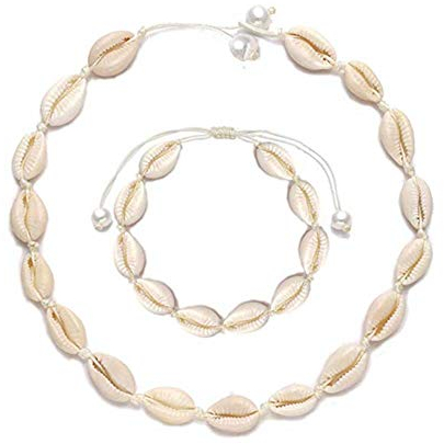 Natürliche Muscheln Halsketten Armband für Frauen Mädchen Hawaii Einstellbare Strand Kauri Muschel Perlen Choker Armband Sommer Muschel Schmuck Set (Weiß)