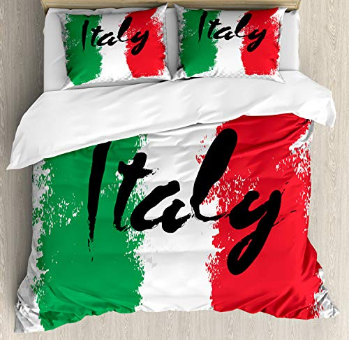 ABAKUHAUS Italien Bettbezugs Set Für Doppelbetten, Italienische Flagge Bunte Grunge, Milbensicher Allergiker geeignet mit Kissenbezügen, 200 x 200 cm, Rot Grün