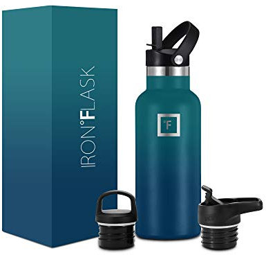 Insulated Water Bottle with Straw Lid Narrow - 470ml (3 Lids) - Cold 24hrs & Hot 12hrs Drinks - Double-Walled Stainless Steel Metal Leakproof Travel Sports Gym Camping & Hiking Hydration Flask