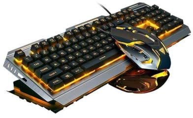 Wired Gaming Keyboard Mouse Combo,Iron Metallic Frame,Orange Yellow LED Backlit Bright Changing,Full Size 104 Keycap,USB 2.0,for Prime Xbox One PS4 Gamer