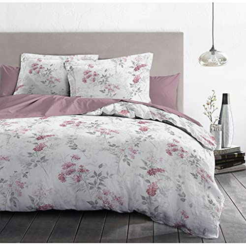 Home Linge Passion Parure de lit 220x240 cm 100% Coton, Housse de Couette avec 2 taies, Motif Pompadour Blanc et Rose, Douce, Respirante et résistante