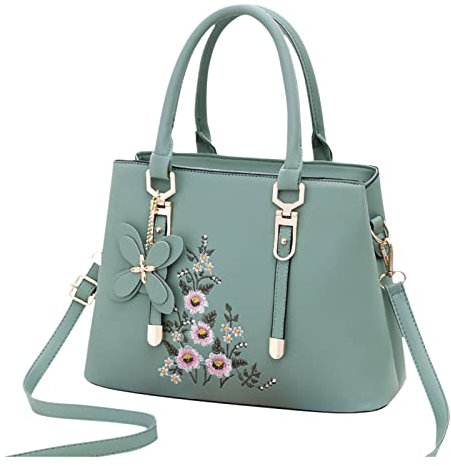 FANDARE Damen Henkeltaschen Wasserdicht Tote Beutel Umhängetaschen Schultertasche PU-Leder Bestickte Handtasche für Reisen Einkaufen Arbeiten Grün