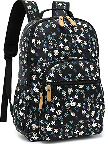 Leaper Water-resistant Floral Laptop Backpack Travel Bag Bookbags Satchel (Black-White Flower)