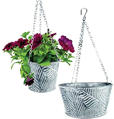 EuroDiscount Blumentopf Pflanztopf Blumenampel Hängeampel Hängetopf Metall Topf mit Palmenblattstruktur zum Hängen, Größe:Durchmesser 15.5 cm