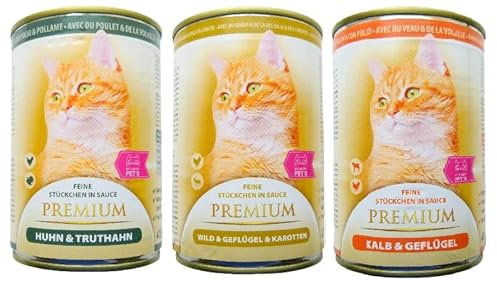 My Happy Pet´s Premium Katzenfutter 3 Sorten feine Stückchen in Sauce (Huhn & Truthahn, Wild & Geflügel, Rind & Leber, 60 x 415g)