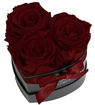 Infinity Flowerbox Small Herz - 3 echte Premiumrosen in Dunkelrot - 3 Jahre haltbar ohne gießen | In Geschenkverpackung mit Satinschleife, Burgundy