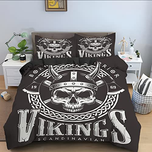SJSXWQN Bettwäsche 200x200 Schwarzer Wikinger Bettwäsche-Set mit Reißverschluss Schließung für Erwachsene Kinder Weicher Atmungsaktive Mikrofaser Bettbezug + 2 Kopfkissenbezug 80x80 cm