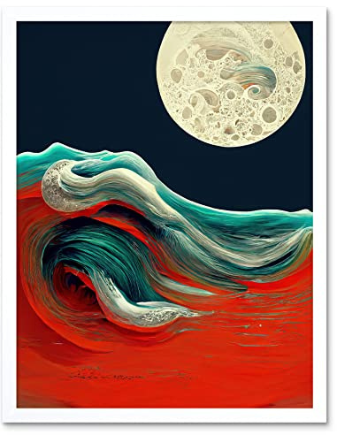 Wee Blue Coo Full Moon on Red Ocean Waves Swirl Abstract Painting Art Print Framed Poster Wall Decor 12x16 inch