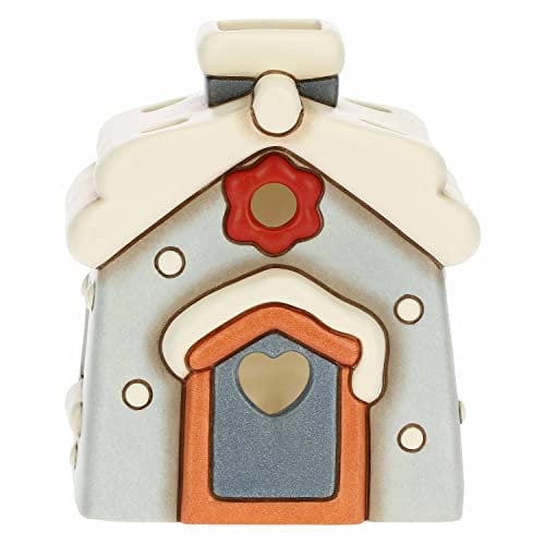 THUN - Casetta Porta Tealight di Colore Blu in Ceramica Decorata a Mano - Linea Regali d'inverno - Idea Regalo Natale 2022-9,5x10x11 cm h