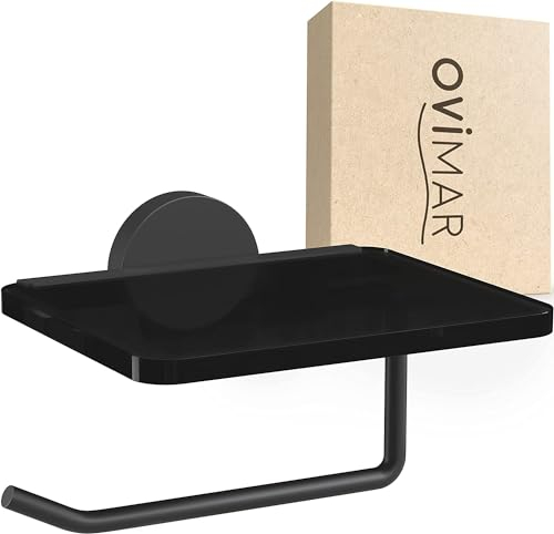 ovimar Toilettenpapierhalter Remoya | Papierrollenhalter mit Glasablage schwarz zum Bohren schwarz | Klopapierhalter zum Bohren oder Kleben | Klorollenhalter mit Ablage | WC Rollenhalter schwarz