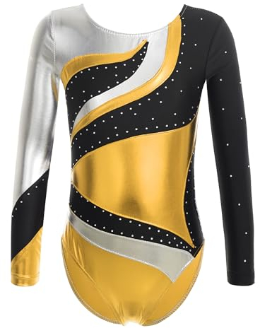 TTAO Kinder Turnanzug Gymnastikanzug Mädchen Leotard Langarm Ärmellos Trikot Training Dancewear Gymnastikbody Tanzbekleidung Wettkampf Gold 146-152