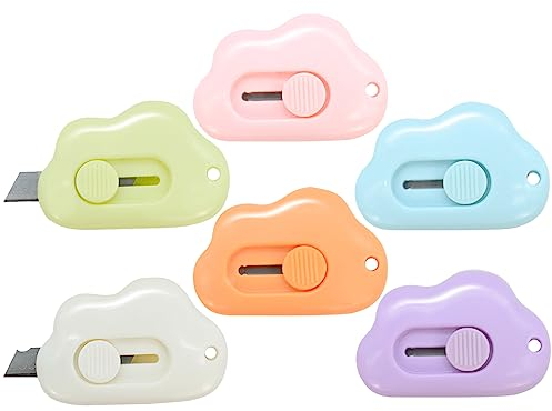 CIOUYAOS 6pcs Mini Cutter, Retractable Couteaux de Poche Coupe Papier Ouvre Lettre Colis, Pastel Aesthetic Kawaii Papeterie Fourniture Scolaire Bureau (6 Nuage)