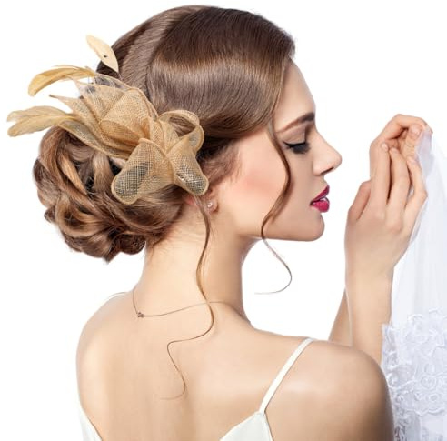 Lurrose Gold Fascinators for Weddings, Cocktail Tea Party Hair Clip 1920s Prom Queen Headpiece for Women Wedding Party Evening Prom