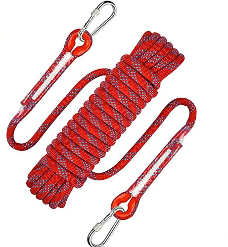 Jrancc Cuerda de Escalada Estática con un Diámetro de 8mm Longitud 10 Metros Uerda de Rescate con 2 Mosquetones Tirón de 800 kg para Trabajar en Altura Escalera Rappel Deportes
