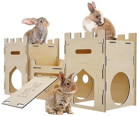 H1M9LX Château de lapin extra large en bois à plusieurs étages, Cabane Rongeur, cachette ventilée robuste pour lapin, cochon d'Inde, chinchilla furet
