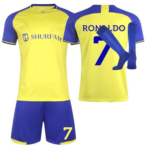 Al NASSR FC Jersey Kit for Adult and Children, 2022/23 Soccer Jerseys Activewear Football Kits Boys' Football Training Shirts Shorts and Socks Al NASSR FC Soccer Kit (No.7,Children 6-7 Years)