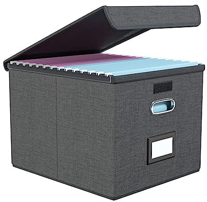 Finew Upgraded Portable File Organiser Box with Lid, Foldable Linen Hanging Filing Storage Boxes with Plastic Slide, Decorative Home/Office Filing System for File and Folders Storage (Dark Grey)