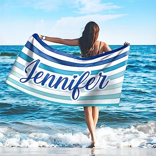 SearchI Personalisiertes Strandtuch mit Individuellem Namen 76X152cm,Schnell Trocknendes Mikrofaser Strandtuch Bequem und Weich Badehandtuch für Strand, Reise, Sauna,Camping,Schwimmen(Blaue Streifen)