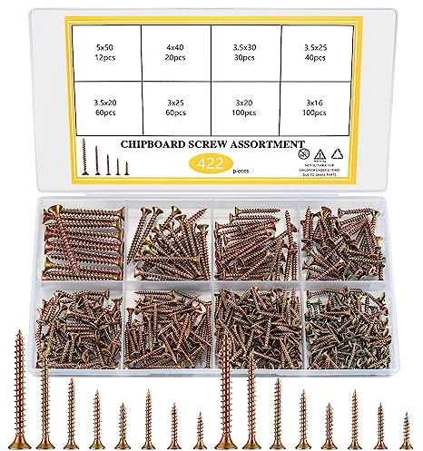 Kit de Vis Autotaraudeuses, 422 pièces Cruciformes à Tête Fraisée, Vis à Bois, Vis à Béton, Vis à Tête Plate, Vis à Cloison Sèche pour Charnières de Porte,Projet de Bricolage m3 m3.5 m4 m5