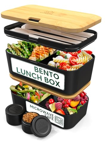 Umami Bento Lunch Box, Couverts & 2 Pots À Sauce Inclus, Boîte Repas Encastrable, Lunchbox Micro-Ondable, Boîte À Lunch Adulte Compartimentée, Bento Box, Bambou Noir Emboîtable, 1500 ml