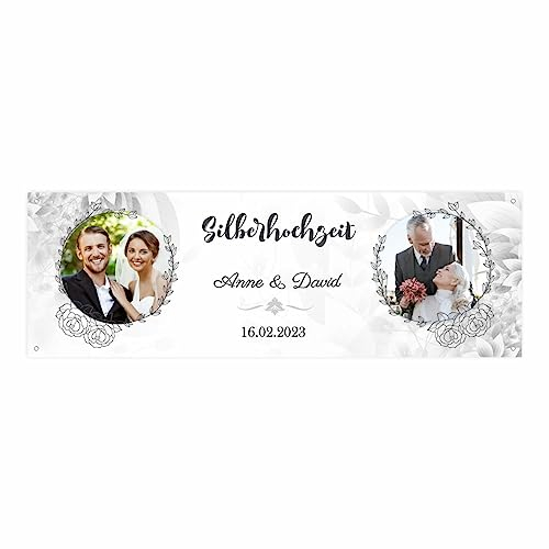 Personalisiertes Banner zur Hochzeit mit Fotos, Namen, Datum und Wunschtext - Hochzeitsbanner, Silberhochzeit, Goldhochzeit -Dekoration-Jubiläumsbanner - 150x50cm oder 225x75cm