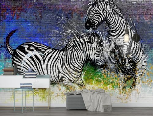 Fototapete 3D Effekt 3D Tapete Aquarell-Zebra-Ziegelmauer Fototapete Wandgemälde Vlies Wohnzimmer Schlafzimmer Flur Wanddekoration 450(W) X315(H) Cm